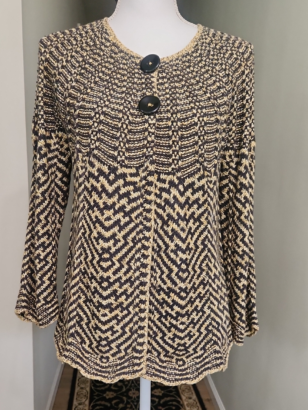 NIC+ZOE Geometric Knit Cardigan Sweater Jacket Silk Cotton Button Top L